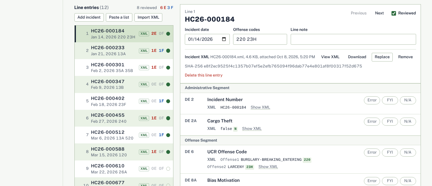 A line entry for incident HC26-000184 with its attached NIBRS XML and, under each data element, the submitted value with its NIBRS code beside Error, FYI, and N/A buttons.